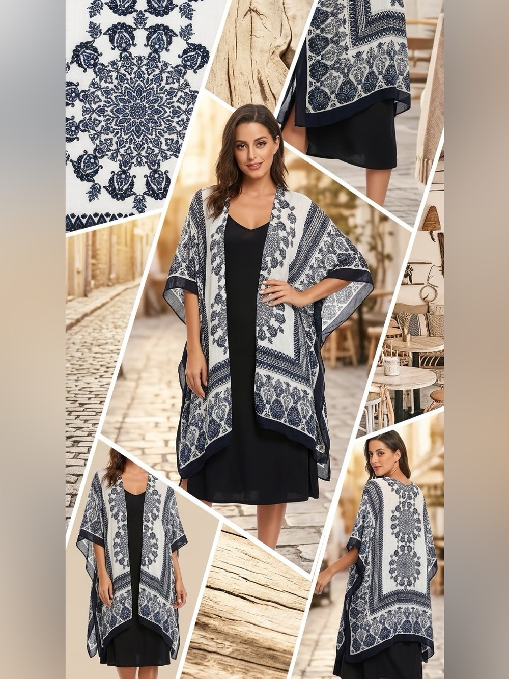 Boho Blue Paisley Printed Sheer Kimono Cardigan Beach Cover Up